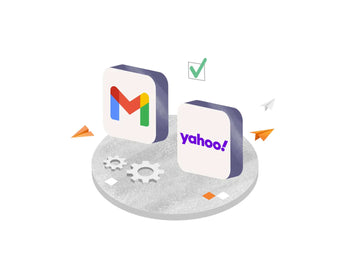 Google Gmail and Yahoo email icons with gears and airplane illustrations representing new spam rules for 2024.