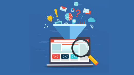 Laptop displaying a search interface with icons representing UX, SEO, and CRO concepts.