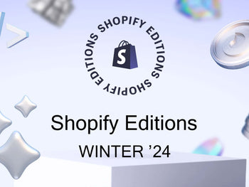 Shopify Editions Winter '24 logo with decorative elements, showcasing new platform updates and enhancements, released in January 2024.